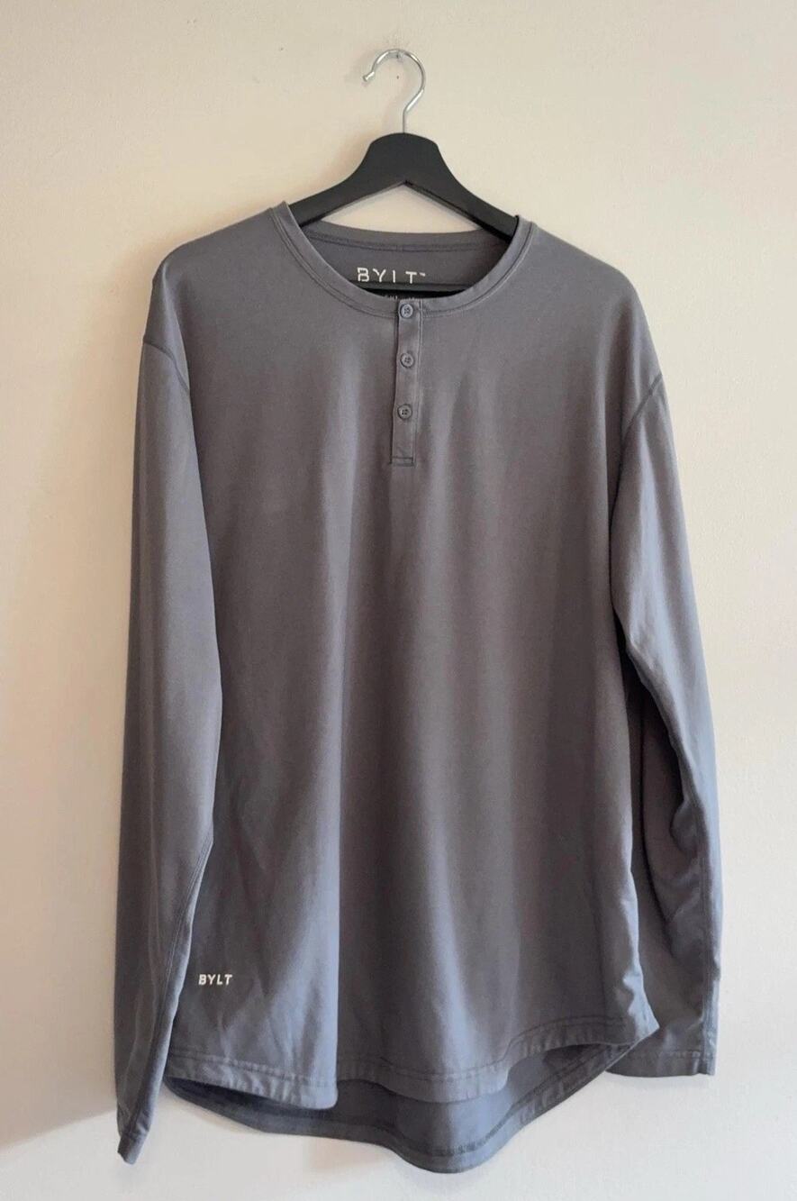 BYLT Shirt Mens XL Gray Drop Cut Long Sleeve Henley BYLT Blend Tagless Stretch